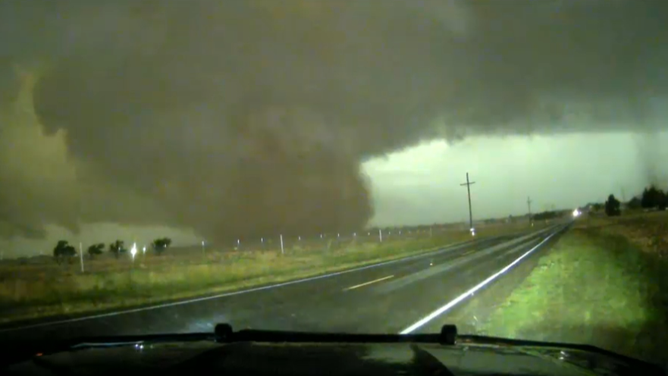 FOX Weather Exclusive Storm Tracker Brandon Copic intercepts tornado toucheing down in Shallowater, Texas on June 5, 2025.