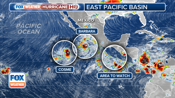 This graphic shows an overview of the tropical Eastern pacific basin on Monday, June 9, 2025.