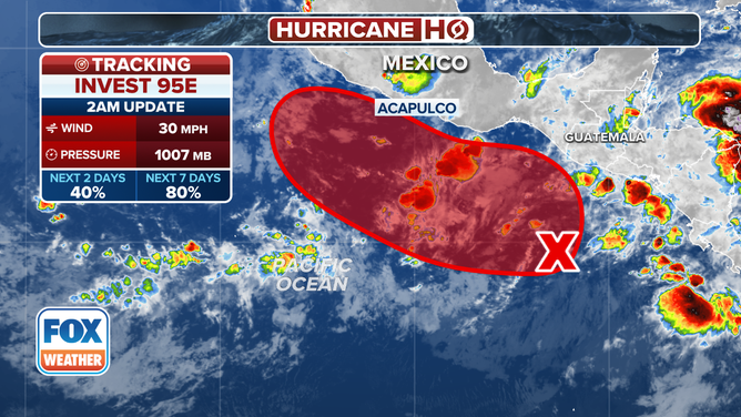 This graphic shows Invest 95E in the Eastern Pacific Ocean which is expected to become Tropical Storm Flossie this weekend.