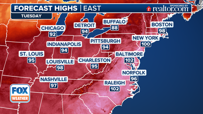 This graphic shows the forecast high temperatures on Tuesday, June 24, 2025.
