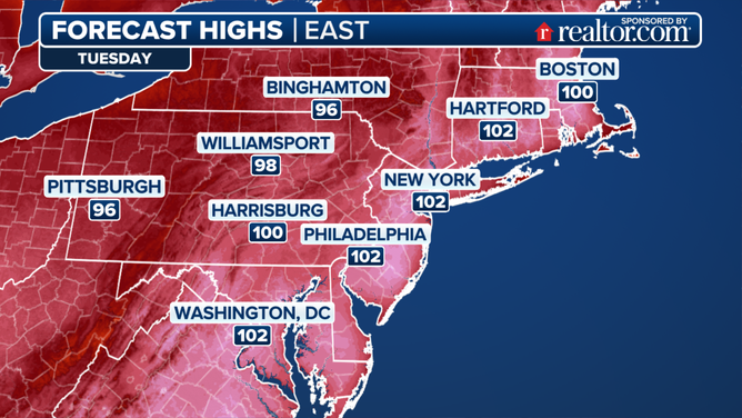 Forecasted highs in the Northeast for Tuesday, June 24.