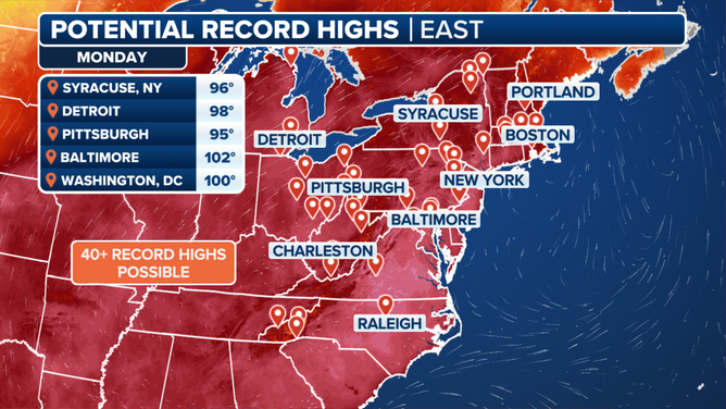This graphic shows the potential temperature records in jeopardy on Monday, June 23.