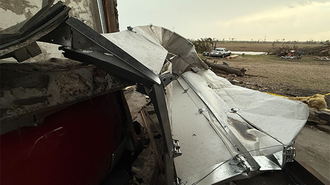 This image shared by FOX Weather Correspondent Robert Ray shows the damage and destruction left behind after a powerful derecho spawned destructive winds and a deadly tornado in Enderlin, North Dakota.