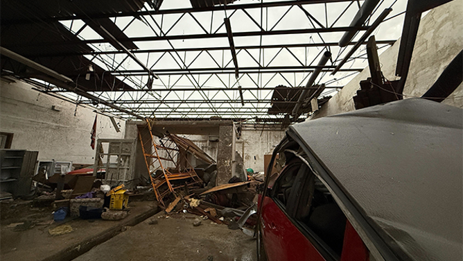 This image shared by FOX Weather Correspondent Robert Ray shows the damage and destruction left behind after a powerful derecho spawned destructive winds and a deadly tornado in Enderlin, North Dakota.