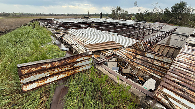 This image shared by FOX Weather Correspondent Robert Ray shows the damage and destruction left behind after a powerful derecho spawned destructive winds and a deadly tornado in Enderlin, North Dakota.