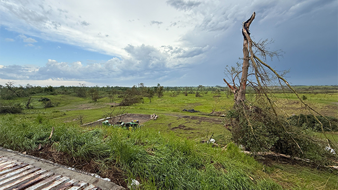 This image shared by FOX Weather Correspondent Robert Ray shows the damage and destruction left behind after a powerful derecho spawned destructive winds and a deadly tornado in Enderlin, North Dakota.