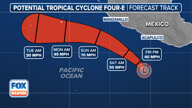 This graphic shows the forecast track for PTC-4E which is expected to become Tropical Storm Dalila by Friday.