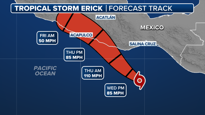 This graphic shows the expected track of Tropical Storm Erick.