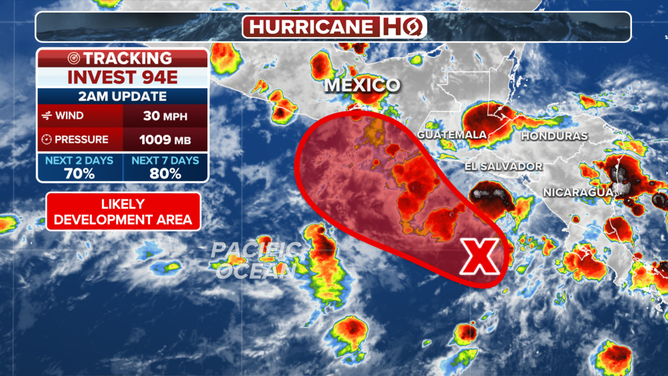 This graphic shows the track of Invest 94-E which is expected to become Tropical Storm Erick.