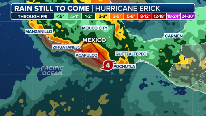 This graphic shows the expected rainfall from Hurricane Erick through Friday, June 20, 2025.