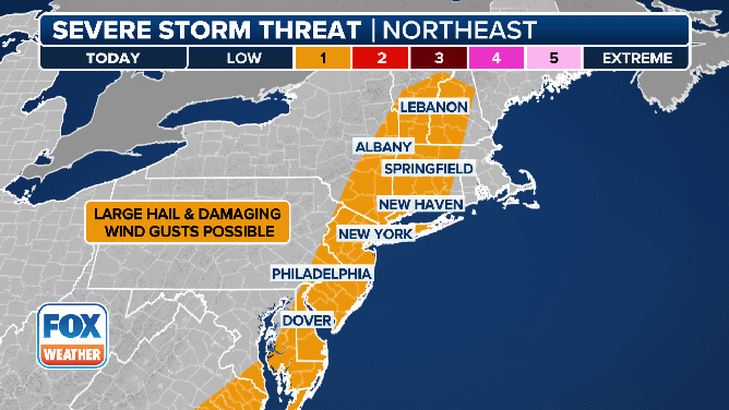 This animated graphic shows the severe weather threat along the East Coast on Tuesday, June 10, 2025.