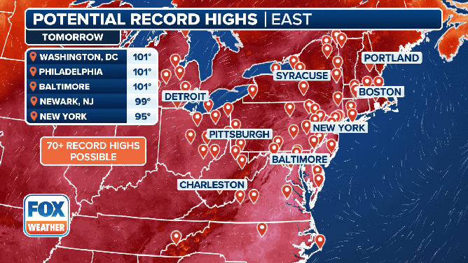 This graphic shows record-high temperatures in jeopardy of being broken on Monday and Tuesday.