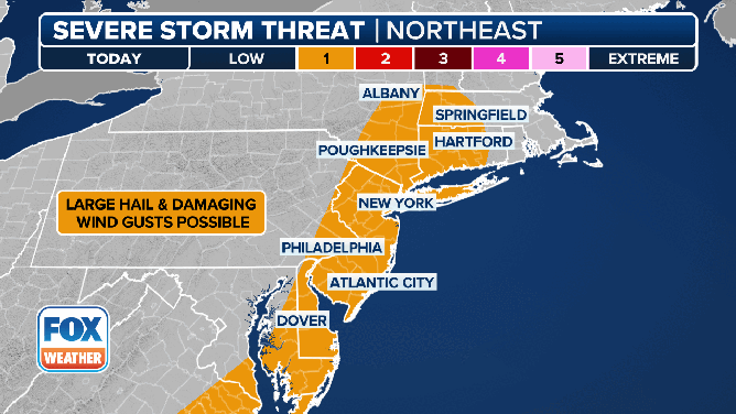 This animated graphic shows the severe weather threat along the East Coast on Tuesday, June 10, 2025.