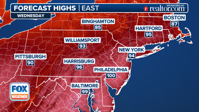 This graphic shows the forecast high temperatures on Wednesday, June 25, 2025.