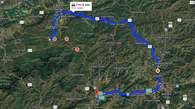 Map showing I-40 closure and back-up route.