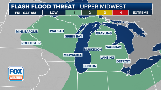 This graphic shows the flash flood threat on Friday, June 13, 2025.