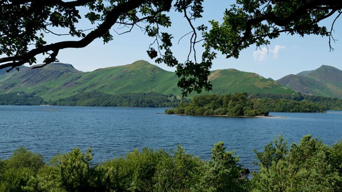View looking across Derwentwater towards Catbells and Causey Pike in summer
