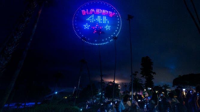 FILE - LAGUNA BEACH, CA - July 04: Drones form a message in the sky during the city's July 4th celebration in Laguna Beach, CA on Thursday, July 4, 2024. (Photo by Paul Bersebach/MediaNews Group/Orange County Register via Getty Images)