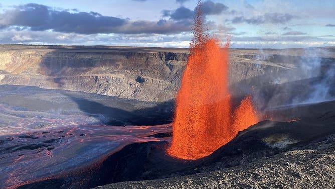 HAWAII, UNITED STATES - JUNE 12: Lava fountains rise over 500 feet above the western rim of Halemaumau crater during the ongoing 25th eruptive episode of the Klauea summit eruption in Hawaii, United States, on June 11, 2025. 