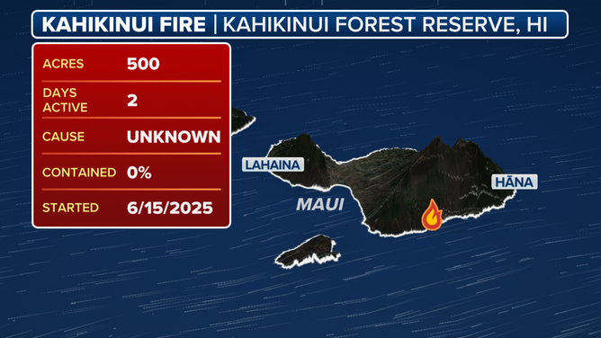 This graphic shows the relative location of the Kahikinui Fire, which began on June 15, 2025.