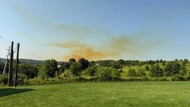 A large brown plume of nitric oxide seen over Zaleski, Ohio after a chemical leak from the Austin Powder Red Diamond facility on June 11, 2025.
