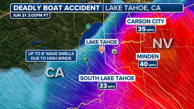 This graphic shows conditions at the time a boat capsized on Lake Tahoe on Saturday, June 21, 2025.