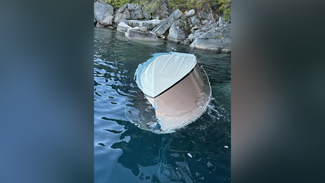 This image shows a boat that capsized on Lake Tahoe leaving six people dead and two others missing on Saturday, June 21, 2025.