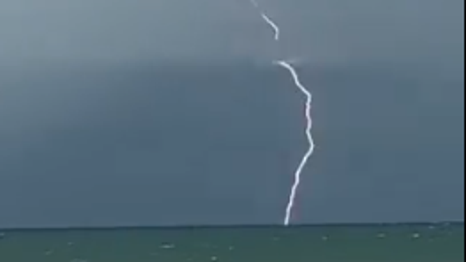 Lightning strikes off the coast of Naples, Florida on Monday, June 2, 2025.