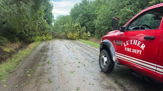The fire department in Luther, Oklahoma responded to trees brought down after severe storms Friday, June 6, 2025.