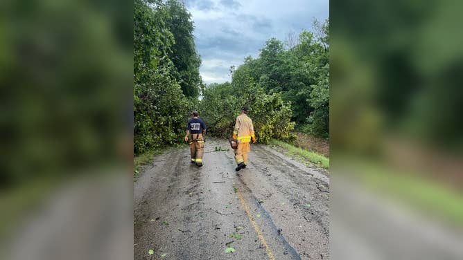 The fire department in Luther, Oklahoma responded to trees brought down after severe storms Friday, June 6, 2025.