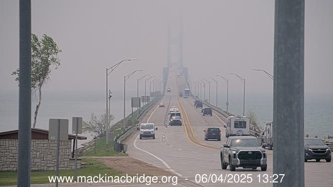 Smoke obscures Michigan's Mackinac Bridge