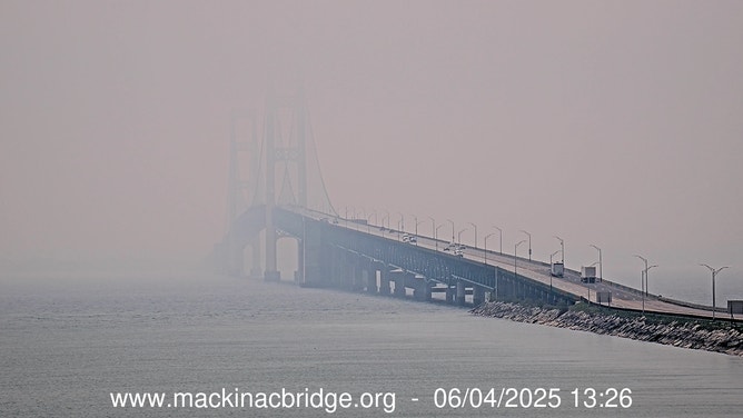 Smoke obscures Michigan's Mackinac Bridge