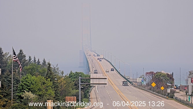 Smoke obscures Michigan's Mackinac Bridge