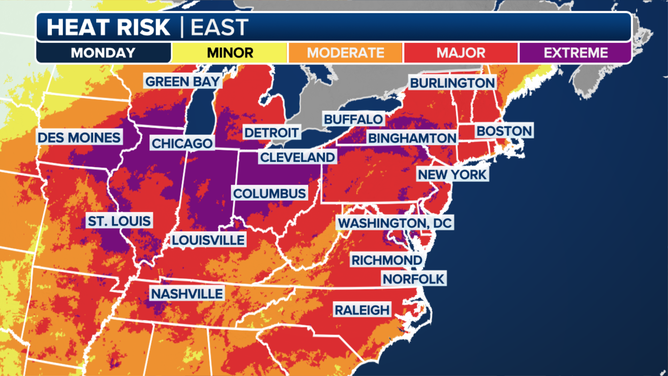 Heat Risk across the eastern US on Monday, June 23.