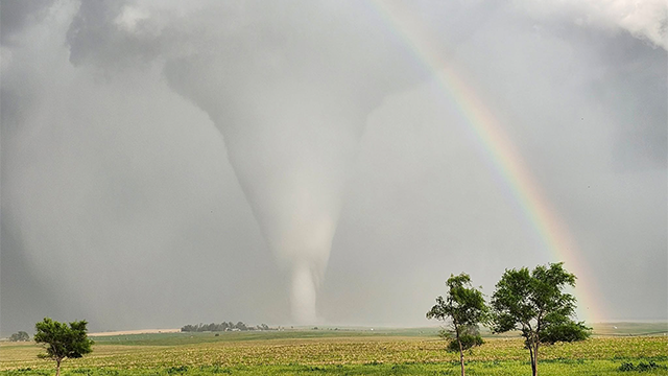 This image shows a massive tornado spinning near Dickens, Nebraska, on Monday, June 16, 2025.
