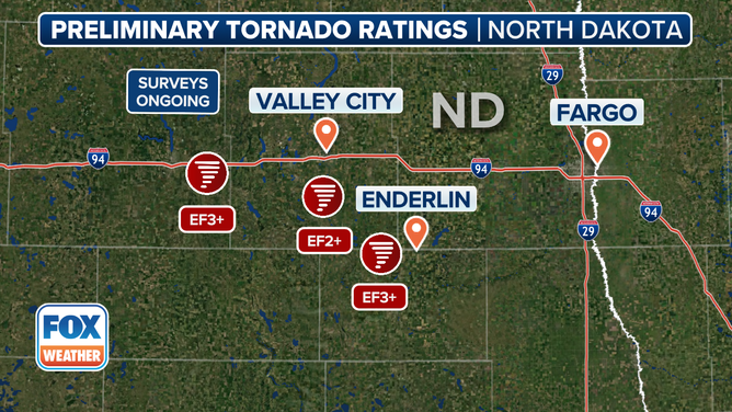 This graphic shows the preliminary tornado ratings in North Dakota as of Sunday, June 22.