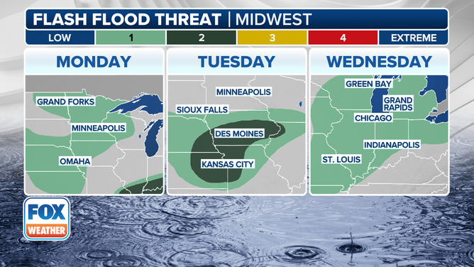 A look at the flash flood threat in the Midwest through Wednesday, June 18, 2025.