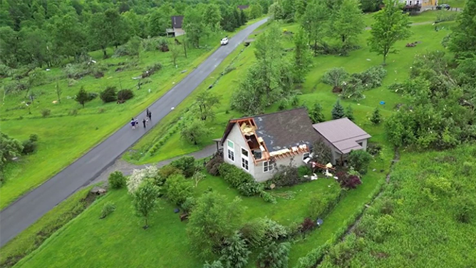 This image comes from drone video that captured the aftermath of a tornado-warned storm in Cattaraugus County, New York, on Monday, June 9, 2025.