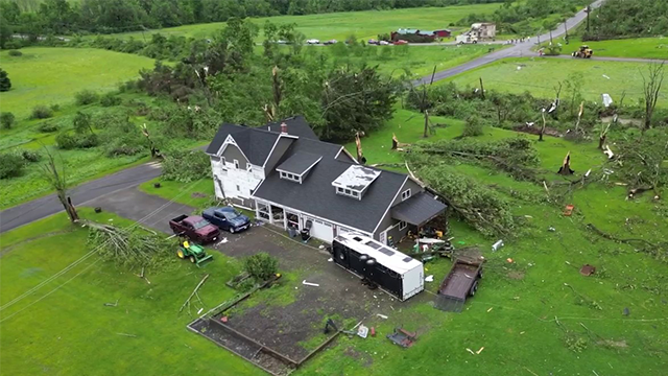 This image comes from drone video that captured the aftermath of a tornado-warned storm in Cattaraugus County, New York, on Monday, June 9, 2025.