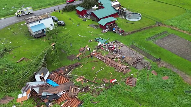 This image comes from drone video that captured the aftermath of a tornado-warned storm in Cattaraugus County, New York, on Monday, June 9, 2025.