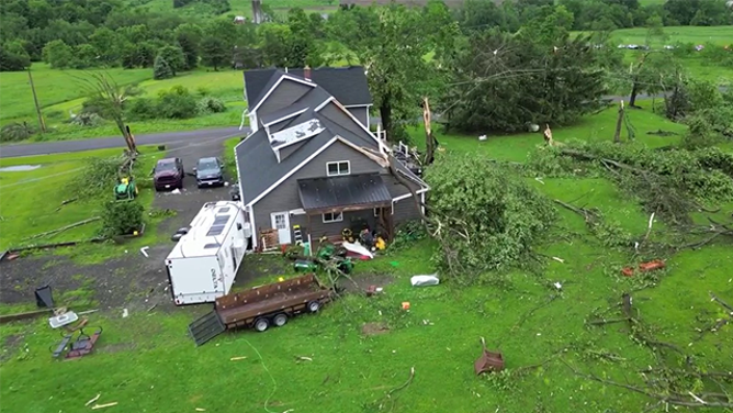 This image comes from drone video that captured the aftermath of a tornado-warned storm in Cattaraugus County, New York, on Monday, June 9, 2025.
