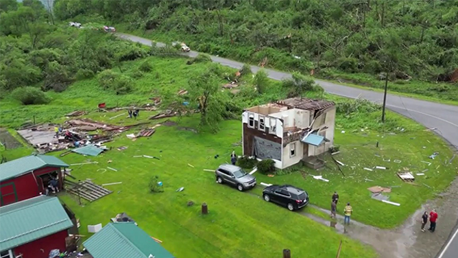 This image comes from drone video that captured the aftermath of a tornado-warned storm in Cattaraugus County, New York, on Monday, June 9, 2025.