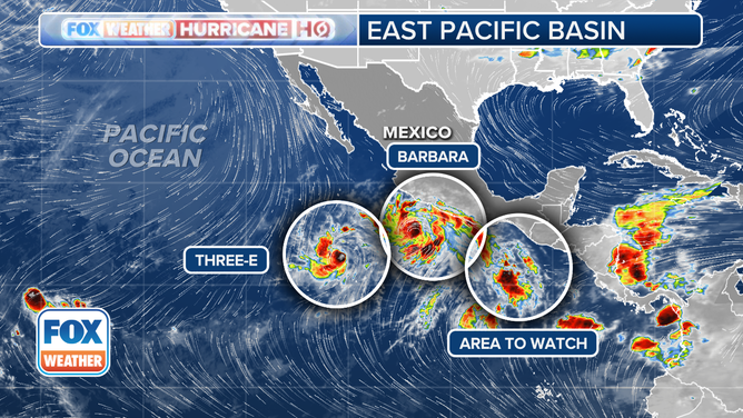 This graphic shows an overview of the tropical Eastern pacific basin on Sunday, June 8, 2025.