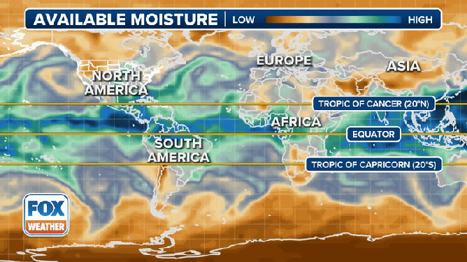 his graphic depicting a seven-day loop of moisture in the air, showing that most of the Earth's moisture concentrated in the tropics.