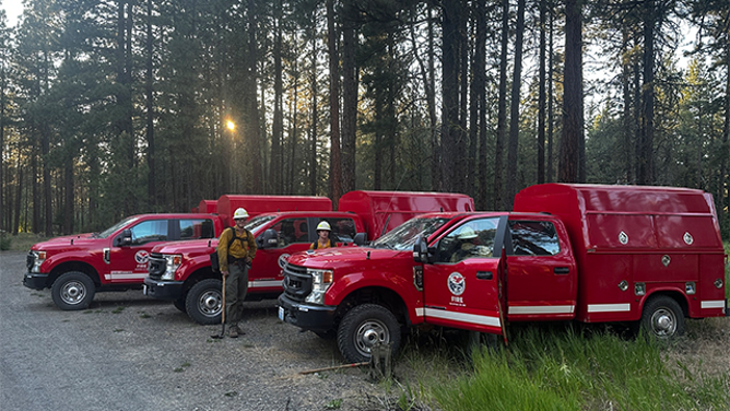 This image shared by Kittitas County Fire District 7 Fire Commissioner Jeff Myers shows crews working to try and contain and extinguish the Red Bridge Fire on June 9, 2025.