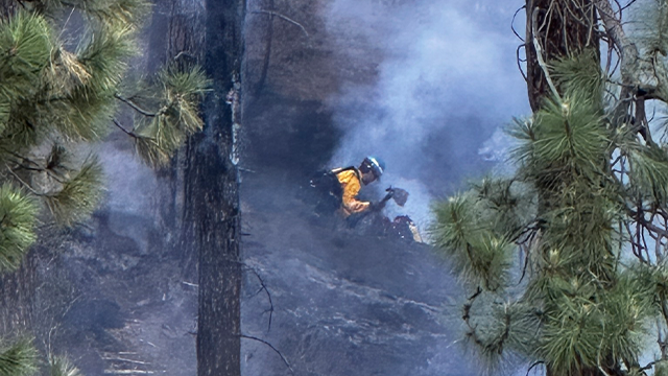 This image shared by Kittitas County Fire District 7 Fire Commissioner Jeff Myers shows crews working to try and contain and extinguish the Red Bridge Fire on June 9, 2025.