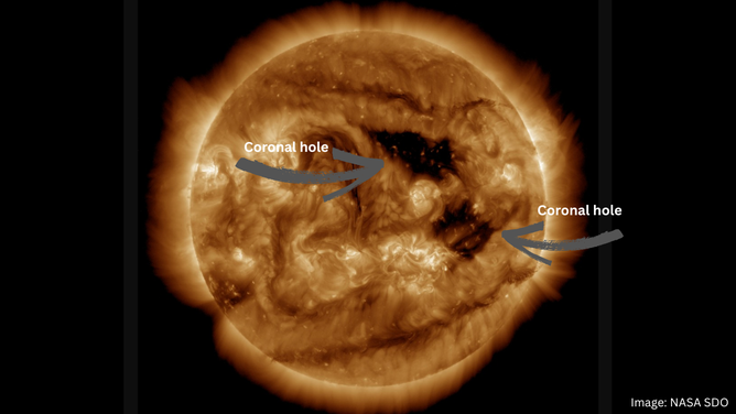 A NASA SDO satellite images from June 25, 2025 shows areas of the Sun with cooler plasma, known as coronal holes.