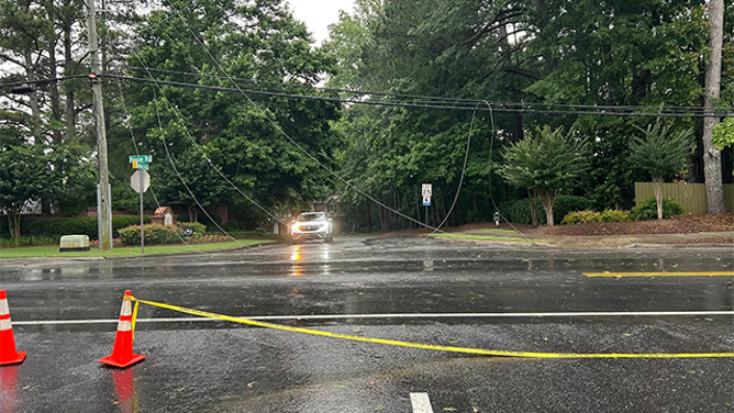 This image shows power lines that were brought down during severe weather in Roswell, Georgia, on Saturday, June 7, 2025.