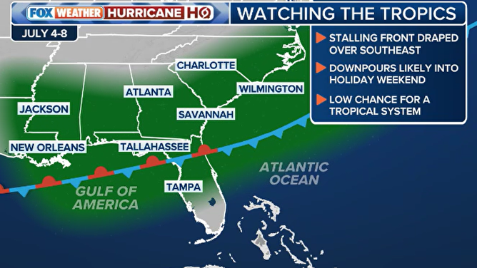 Stalled frontal boundary along the Southeast.