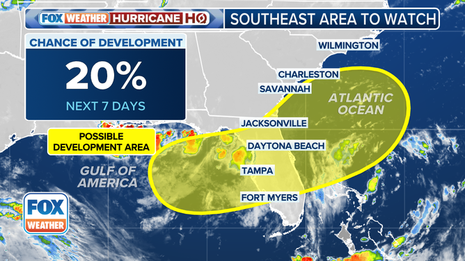 This graphic shows an area to watch off the Southeast coast this week.